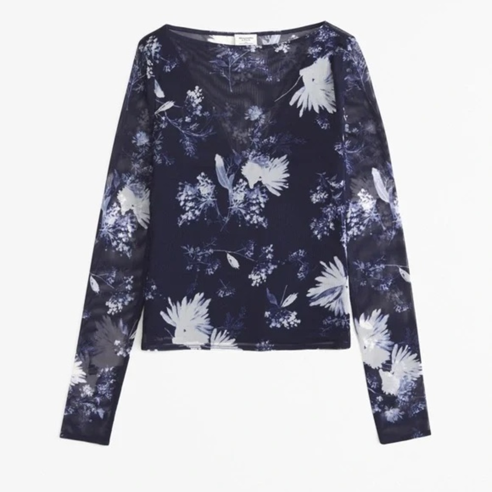 Abercrombie Navy & White Floral Mesh Long Sleeve Top
